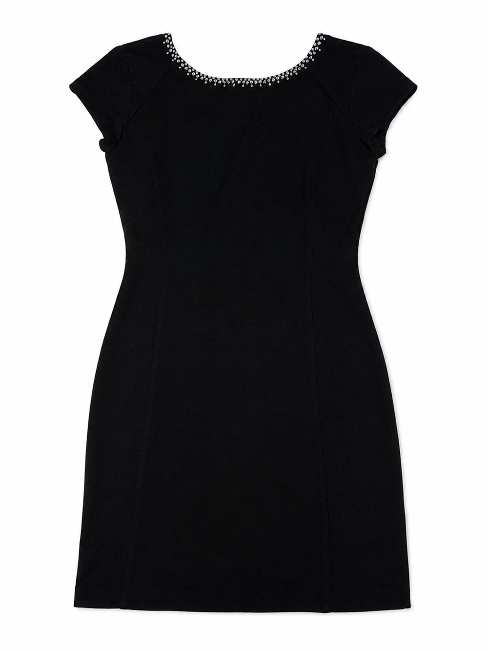 Adrienne Vittadini black sheath dress with elegant rhinestone neckline detail